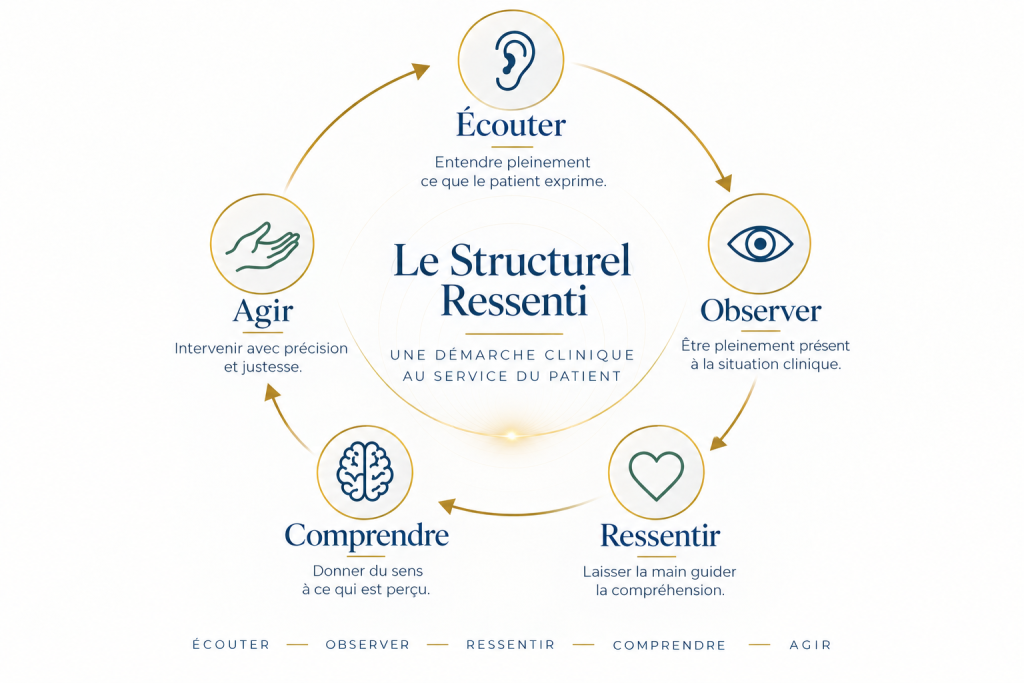 schéma de la démarche clinique du Structurel Ressenti : écouter, observer, ressentir, comprendre et agir
